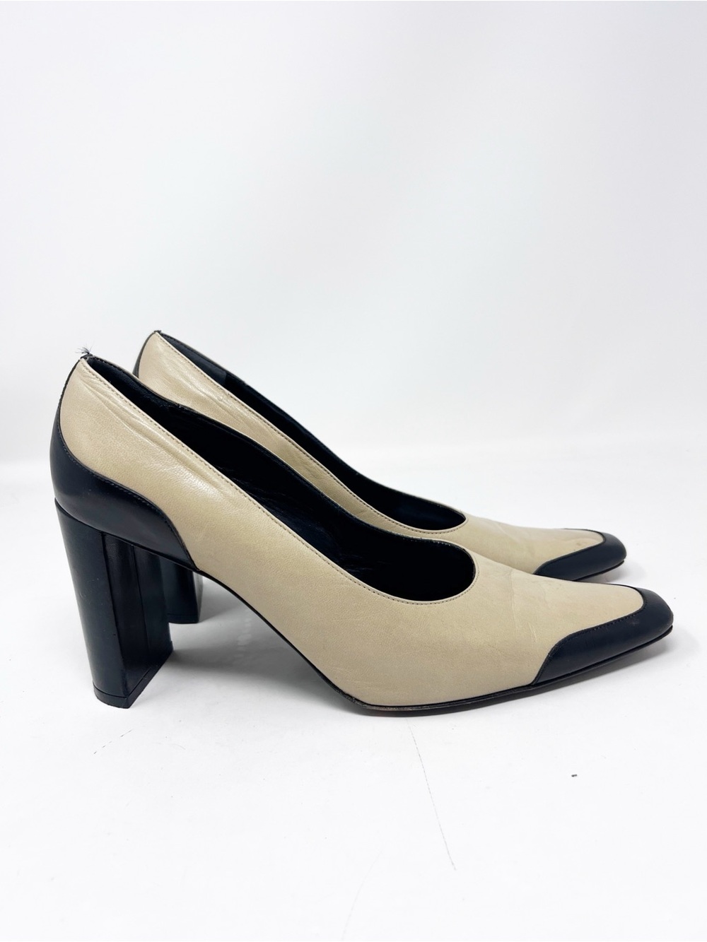 ROBERT CLERGERIE TWO TONE TAN BLACK BLOCK HEELS SLIP ON WOMENS SZ 9